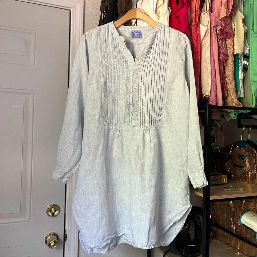 PINE CONE HILL blue striped linen popover long sleeve pleated pintuck mini dress